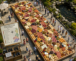 A gigantic charcuterie board stretches across a backyard as tiny guests wander its length, making the charcuterie board look almost city-sized.