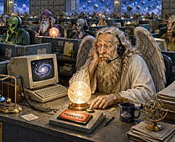 Customer service horoscope illustration showing a cosmic call center where angels, aliens, and celestial agents wear headsets, answering destiny's endless support calls.
