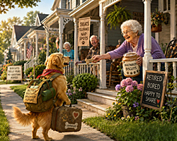 A determined dog strolls through a suburban neighborhood seeking friendly retirees on front porches who hand out unauthorized biscuits, illustrating why dogs run away.