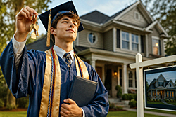 Graduate in cap and gown stands proudly before a suburban home holding house keys and a diploma, illustrating a record-setting GPA so high it humorously qualifies for a mortgage.