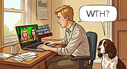 Chip Hilton falls for a fake Harlow Sisters true-crime YouTube video at his desk, while his dog Casey looks on unimpressed..