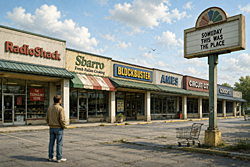 A solitary person stands before a fading strip mall with weary storefronts and a nearly empty parking lot, capturing the quiet nostalgia and melancholy of Hauntology.