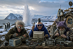 Software update required: Three surreal volunteer programmers troll an icy Icelandic shoreline, maintaining an absurd open-source operating system beneath snowy mountains.