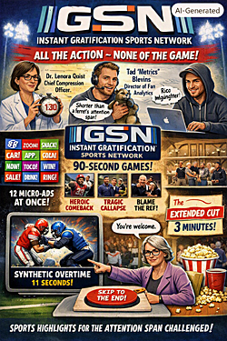 Satirical illustration for Instant Gratification Sports Network showing 90‑second games, micro‑ads, and executives promoting compressed sports chaos.