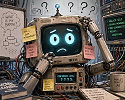 Confused AI machine with a worried expression surrounded by glowing circuits, illustrating imposter syndrome as it questions its own intelligence and abilities.