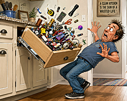 A cluttered kitchen scene as a bulging junk drawer flies off its rails, nearly toppling a startled homeowner during organize your junk drawer day.