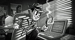 Detective in trench coat and fedora holds a magnifying glass over a laptop screen, illustrating Substack's AI Detector looking for signs of synthetic text.