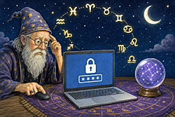 Password reset horoscope illustration showing a worried astrologer staring at a laptop with a padlock icon beneath glowing zodiac symbols and a crystal ball.