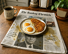 Unread Sunday Newspaper serves as a breakfast placemat beneath eggs and hash browns, its headlines stained with grease after fulfilling its true Sunday purpose.