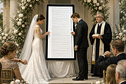Wedding vows take a modern twist as a bride and groom endlessly scroll through a giant software agreement at the altar while guests wait.