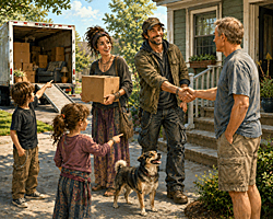A strangely dressed family greets a new neighbor while their dog reacts, hinting at a Witness Protection story beneath the smiles.