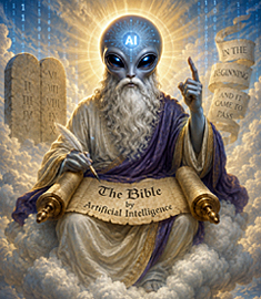 Illustration asking who wrote the Bible, depicting a bearded AI alien on a heavenly cloud with scripture, stone tablets, binary code, and a glowing halo.