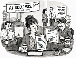 AI disclosure day office cartoon shows workers identifying AI-written emails, deliberate typos, suspicious punctuation, and other supposed signs of AI.
