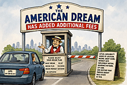 American Dream tollbooth charges drivers extra fees for basic, plus and premium plans in a satirical cartoon about modern life and opportunity.