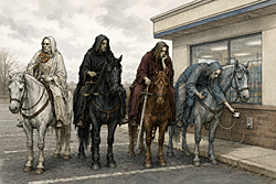 The apocalypse has been rescheduled as four bored Horsemen wait outside a convenience store, eating a pretzel and charging a phone.