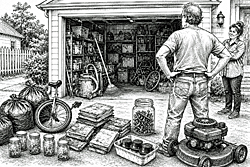 A man surveys his driveway clutter while rearranging the garage, convinced every box, broken tool and useless relic has found its perfect place.