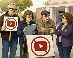 Boycott YouTube protesters gather outside a public library, holding crossed-out video signs as organizers document their stand against fake celebrity stories.
