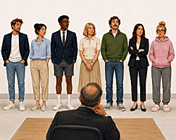 Business casual confusion illustrated by office workers wearing everything from suits and khakis to jeans, sneakers, shorts, and a hoodie.