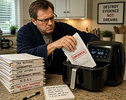 Man destroying sensitive documents in an air fryer as stacks of tax returns, love letters, NDAs and an old screenplay await their turn.