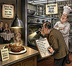image of a man fussily inspecting a kitchen while ignoring the prepared meal
