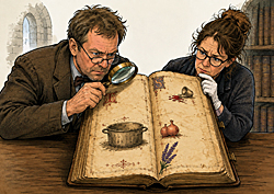Mysterious grimoire reveals mundane household tips as two scholars examine medieval illustrations of cookware, onions, spilled wine, and lavender.