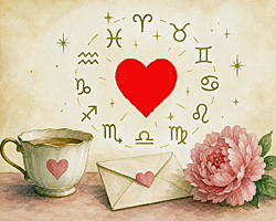 Hallmark Horoscopes illustration with zodiac symbols circling a pink heart above a teacup, sealed love letter, and flower in soft greeting-card style.