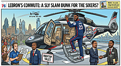 LeBron James, wearing a 76ers warm-up suit, boards a luxury helicopter atop the arena in a satire about a helicopter insurance policy.