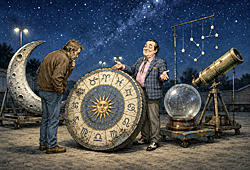 Used Horoscopes are represented by a battered zodiac wheel for sale at a celestial used-goods lot beneath a pristine, star-filled night sky.
