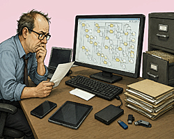 Information age confusion as an office worker searches through computers, folders, files, and devices for information hiding in plain sight.