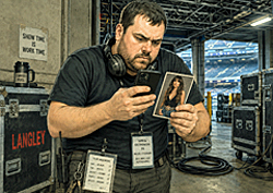 Stagehand Greg Ostrowski backstage, tracking Ella Langley's wardrobe to predict her setlists by jacket choice.