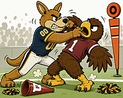 Two college mascots brawl on a football sideline, demonstrating why new collegiate mascot guidelines now regulate reckless frolicking and excessive whimsy.