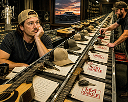 Morgan Wallen repeats himself as identical country songs roll down an assembly line of guitars, truck keys, and lyric sheets in a satirical recording studio scene.