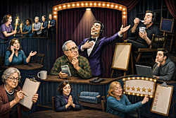 Customer service becomes performance art as theatrical agents stage apologies, transfers, delays, and surveys while bewildered customers wait for solutions.