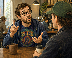 A passionate Phish fan animatedly explains why the live Phish song "Tweezer" from Red Rocks is superior to every other version while a weary coffee shop companion listens.
