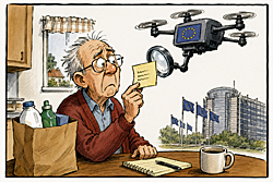 Grocery list held by an elderly writer is inspected by an EU surveillance drone, satirizing AI watermark rules and bureaucratic overreach.