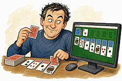 Winning at solitaire gets suspicious as a sly player manipulates real cards while keeping a digital solitaire game open on his computer.