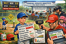 Satirical illustration of youth sports analytics showing data‑driven T‑ball metrics, parental seminars, and replacement‑level evaluations.
