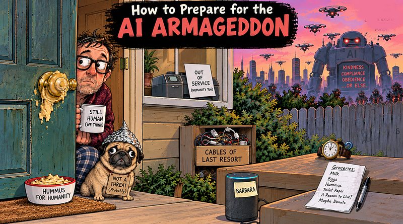 AI Armageddon survival scene shows a man and pug hiding from robots with hummus, old cables, a broken printer, and other desperate human defenses.