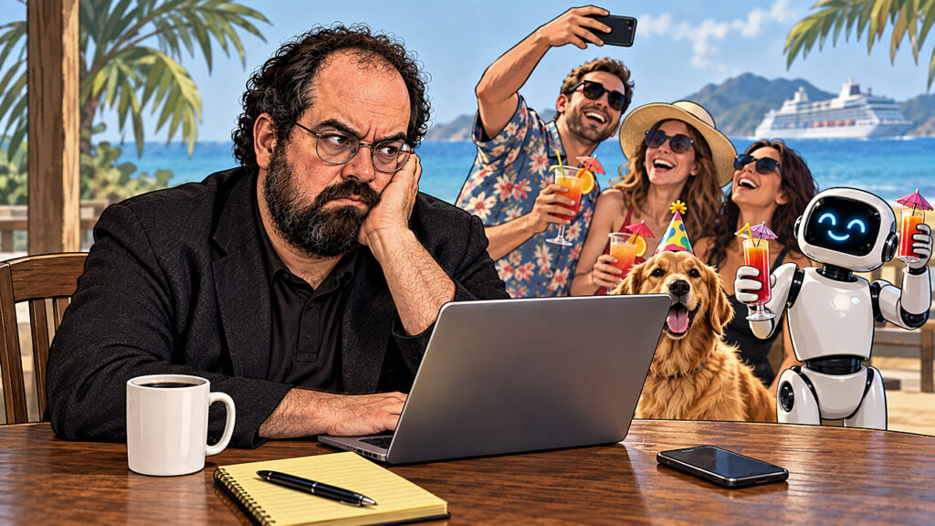 AI doomsday expert Eliezer Yudkowsky looks glum at his laptop while vacationers, a party-hat dog and cheerful robot enjoy life behind him.