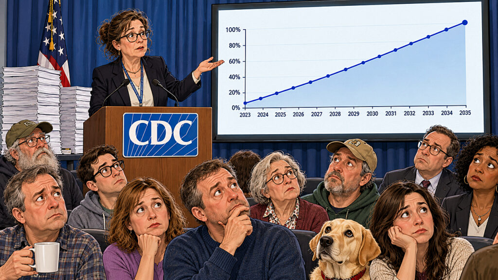 Autism spectrum satire shows a CDC briefing where a prevalence chart climbs to 100% by 2035 as a puzzled audience watches the projection rise.