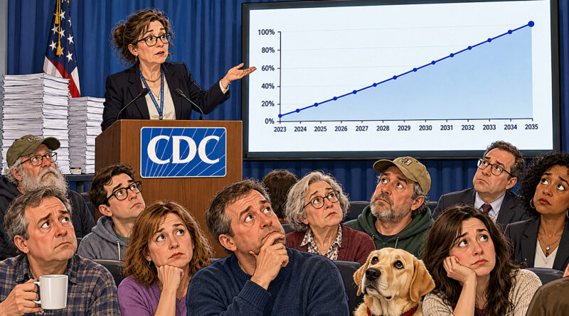 Autism spectrum satire shows a CDC briefing where a prevalence chart climbs to 100% by 2035 as a puzzled audience watches the projection rise.