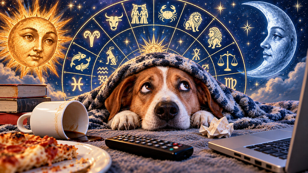Bad Habits Horoscopes illustration with a guilty dog, spilled coffee, pizza, laptop, zodiac wheel, sun and moon watching from the stars.