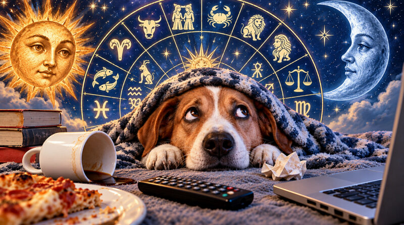 Bad Habits Horoscopes illustration with a guilty dog, spilled coffee, pizza, laptop, zodiac wheel, sun and moon watching from the stars.