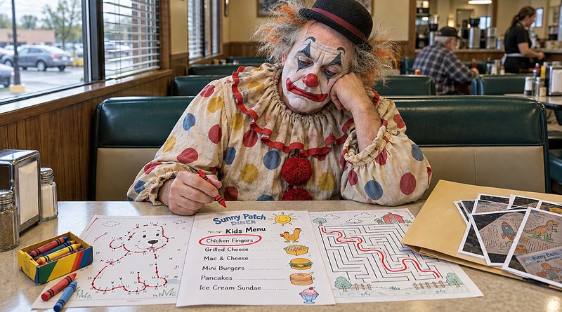 Children’s menu with chicken fingers circled in red crayon sits before a weary clown with frizzy gray-and-orange hair in a quiet diner booth.