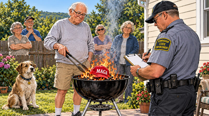 Burning a MAGA hat in a backyard grill, an 83-year-old man watches the flames while a township code officer writes him a citation.