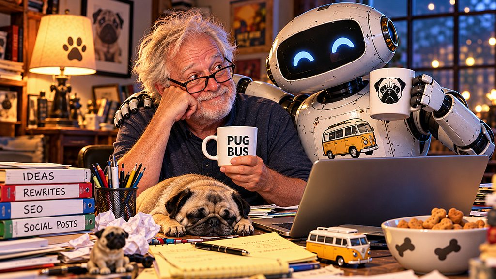 The Pug Bus humanoid shares coffee and editorial chaos with a friendly AI bot as a sleepy pug supervises their cluttered creative workspace.