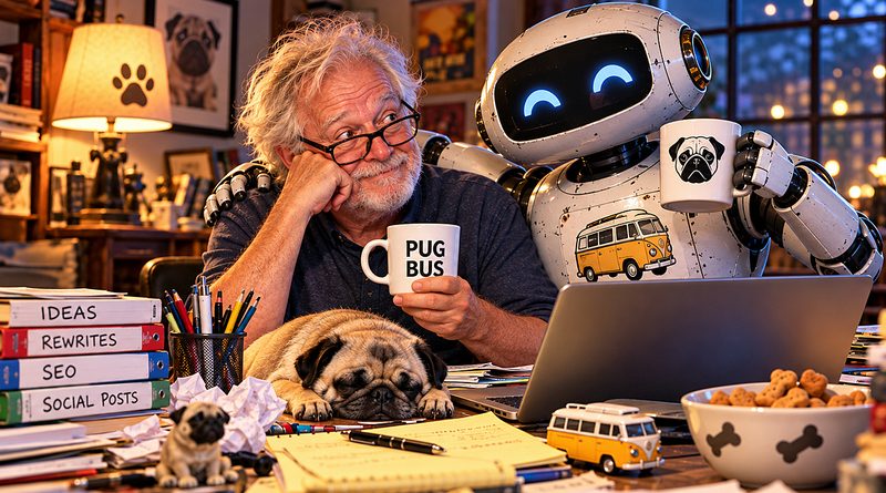 The Pug Bus humanoid shares coffee and editorial chaos with a friendly AI bot as a sleepy pug supervises their cluttered creative workspace.