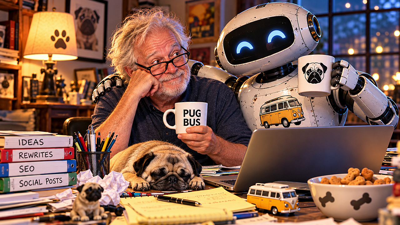 The Pug Bus humanoid shares coffee and editorial chaos with a friendly AI bot as a sleepy pug supervises their cluttered creative workspace.
