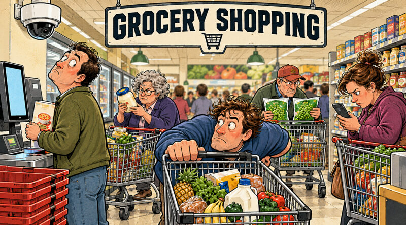 Grocery shopping becomes a competitive sport as shoppers battle self-checkout surveillance, crowded aisles, carts, apps, and baffling product choices daily.
