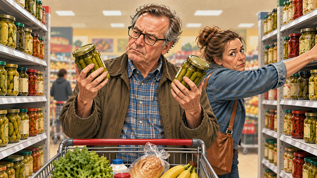 Free Will Is Real Day illustration shows a grocery shopper weighing two jars of pickles, proving mankind can turn even a trivial choice into philosophy.